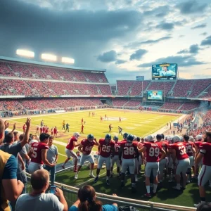 Oklahoma Sooners football players in action at a stadium