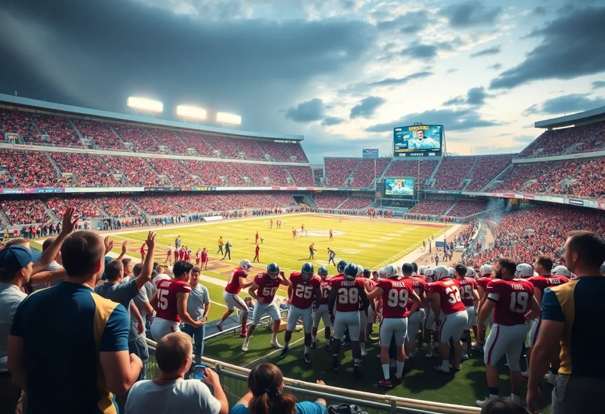 Oklahoma Sooners football players in action at a stadium