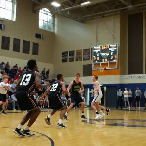 Stringtown High School basketball team in action during a game