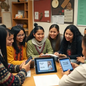 Students learning the Muscogee language through digital devices.
