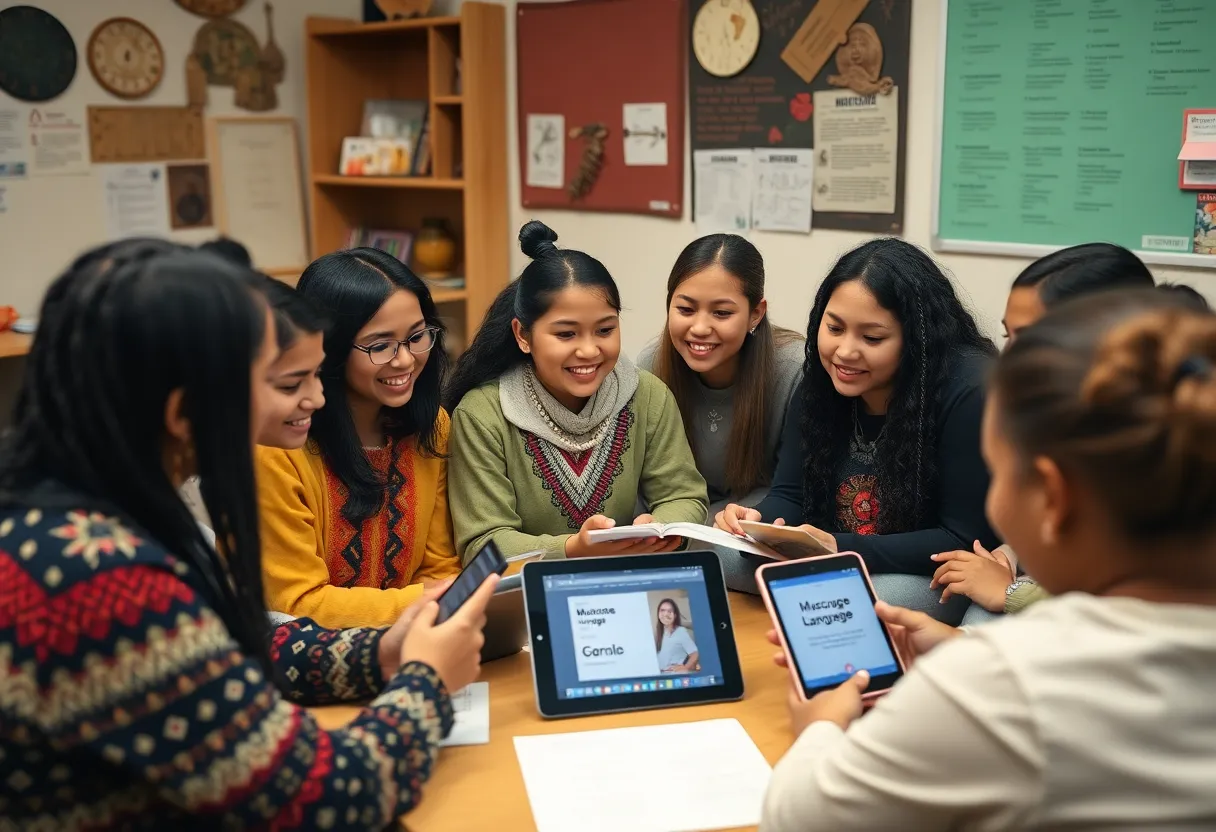 Students learning the Muscogee language through digital devices.