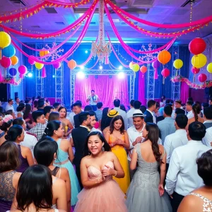 Crowd enjoying the Swiftball prom event with era-themed decorations.