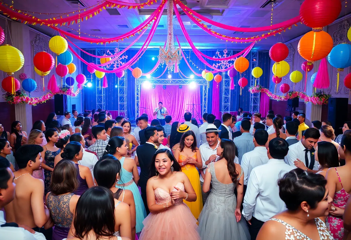 Crowd enjoying the Swiftball prom event with era-themed decorations.