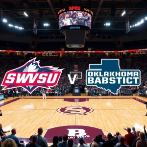 Battle between SWOSU Bulldogs and Oklahoma Baptist Bison on the basketball court