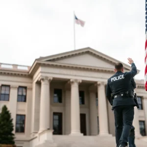 Representation of justice and federal law enforcement with a courthouse and American flag