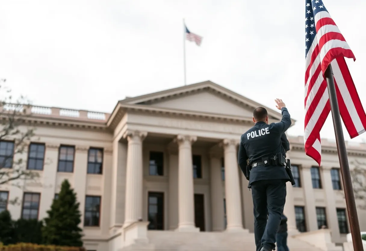 Representation of justice and federal law enforcement with a courthouse and American flag