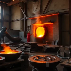 Molten bronze being poured at The Crucible foundry in Oklahoma City