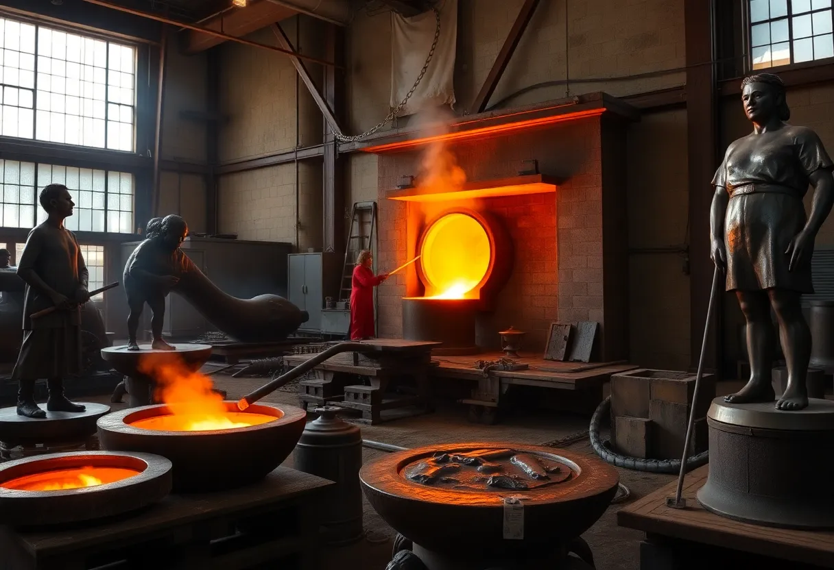 Molten bronze being poured at The Crucible foundry in Oklahoma City