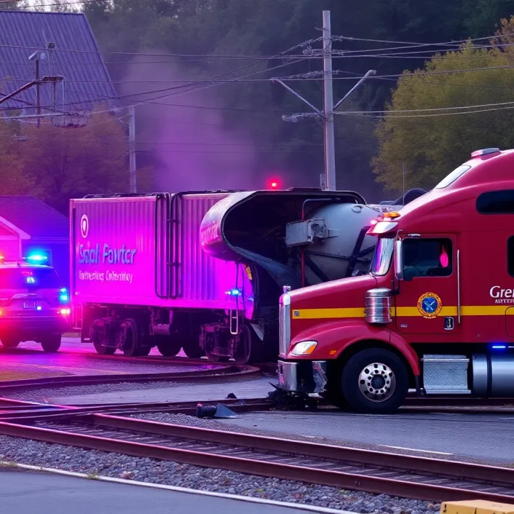 Emergency responders at the site of a train and truck collision in Poteau, Oklahoma.