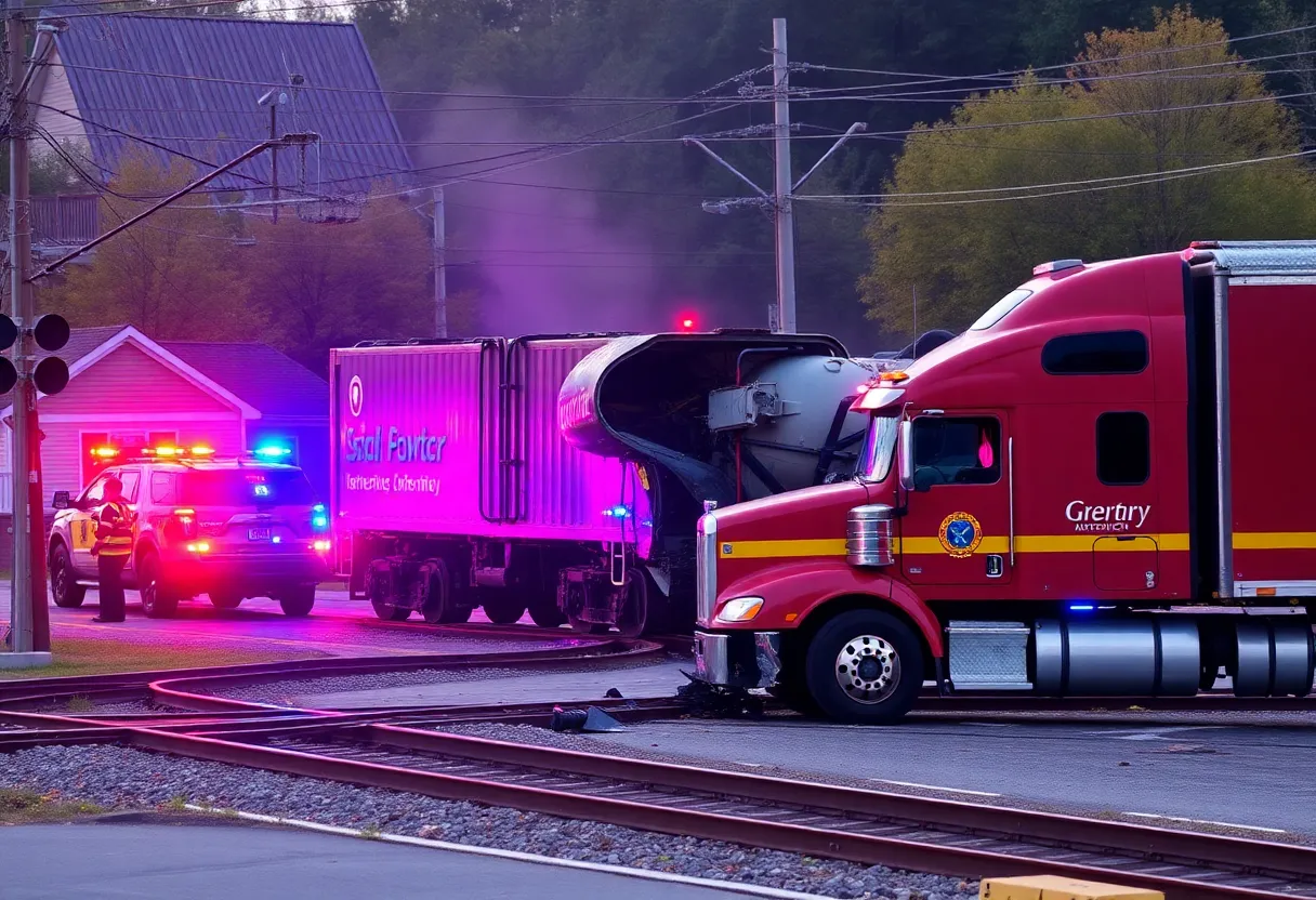 Emergency responders at the site of a train and truck collision in Poteau, Oklahoma.