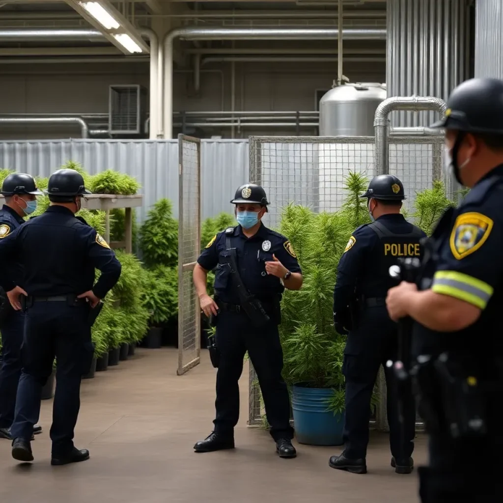Police and officials executing search warrant at cannabis facility
