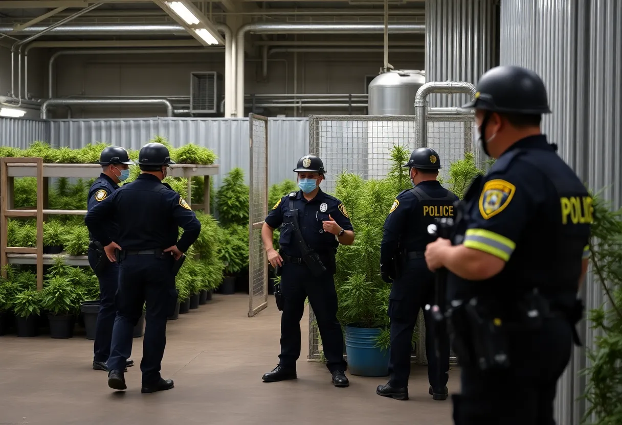 Police and officials executing search warrant at cannabis facility