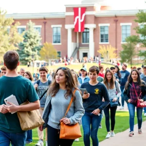Diverse group of students on a university campus in Oklahoma