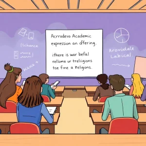 Students in a university classroom discussing academic freedom.