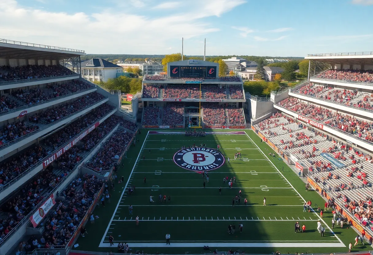 Aerial view of a university stadium during an athletic event with students and fans.