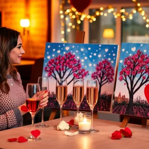 Couples painting together at Valentine's Sip & Paint event