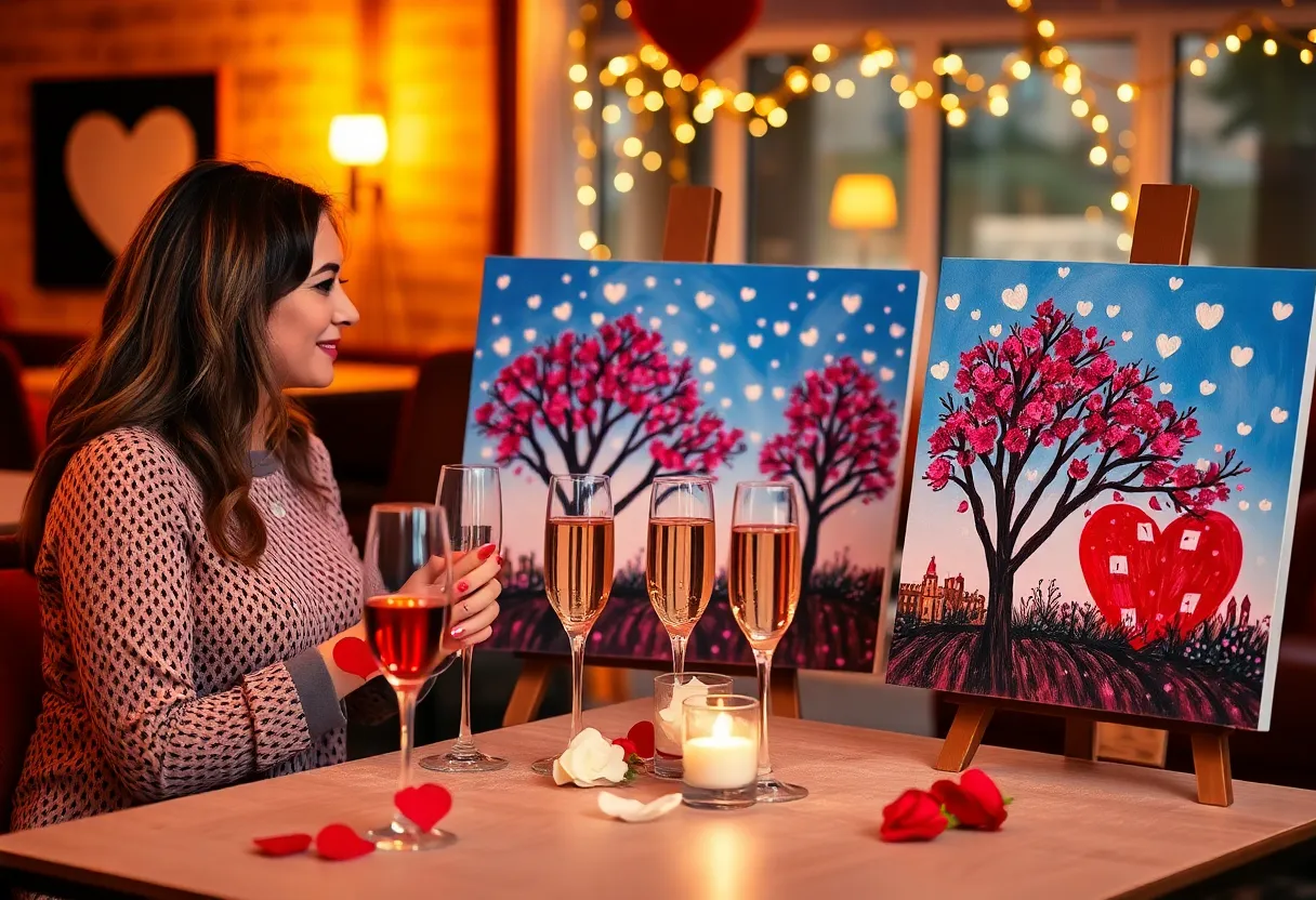 Couples painting together at Valentine's Sip & Paint event