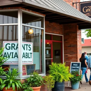 Small business storefront in Wagoner, Oklahoma with a grants sign