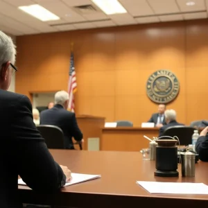Exterior of Warr Acres City Council building with concerned residents gathered outside.
