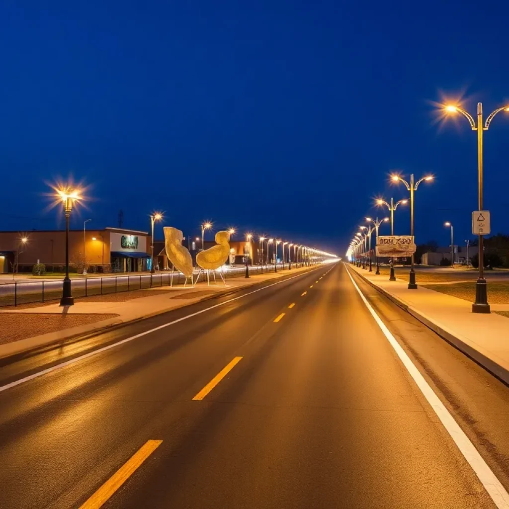 A newly constructed industrial access road in Wellston, Oklahoma with public art and lighting.