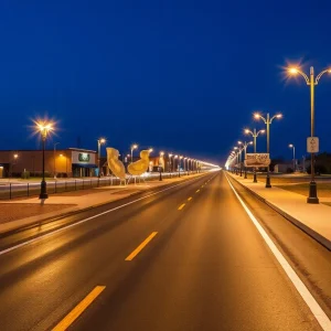 A newly constructed industrial access road in Wellston, Oklahoma with public art and lighting.