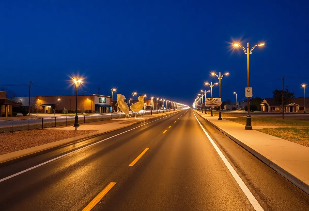 A newly constructed industrial access road in Wellston, Oklahoma with public art and lighting.