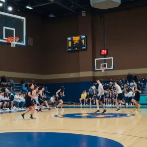 Western Heights basketball game with players and a scoreboard