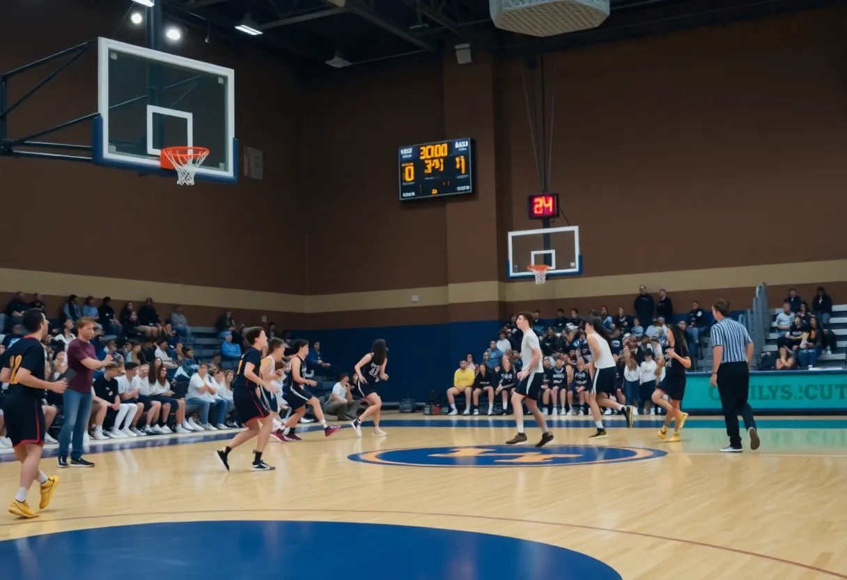 Western Heights basketball game with players and a scoreboard
