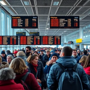 Crowded airport terminal during winter storm with frustrated travelers.