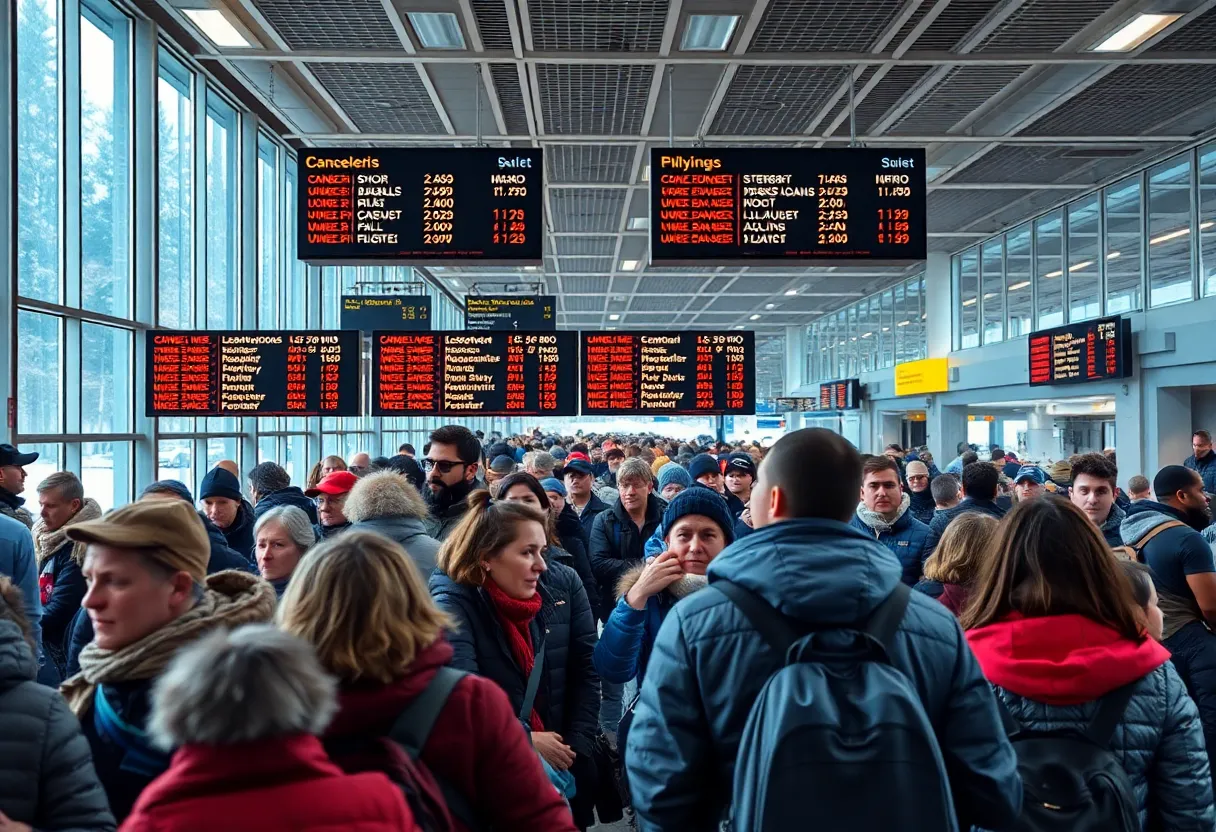 Crowded airport terminal during winter storm with frustrated travelers.