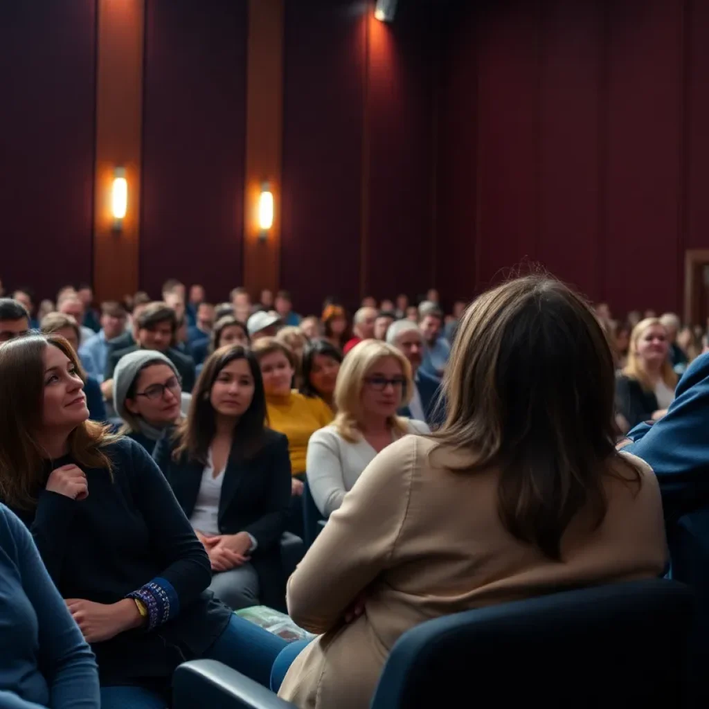 Audience watching the documentary '67 Bombs to Enid' at the theater