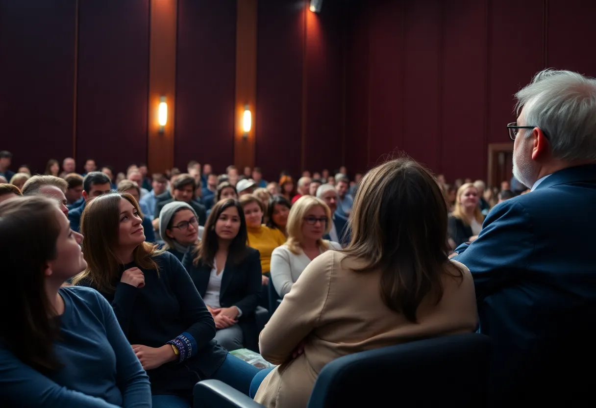 Audience watching the documentary '67 Bombs to Enid' at the theater