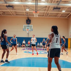 Women basketball players practicing on the court.