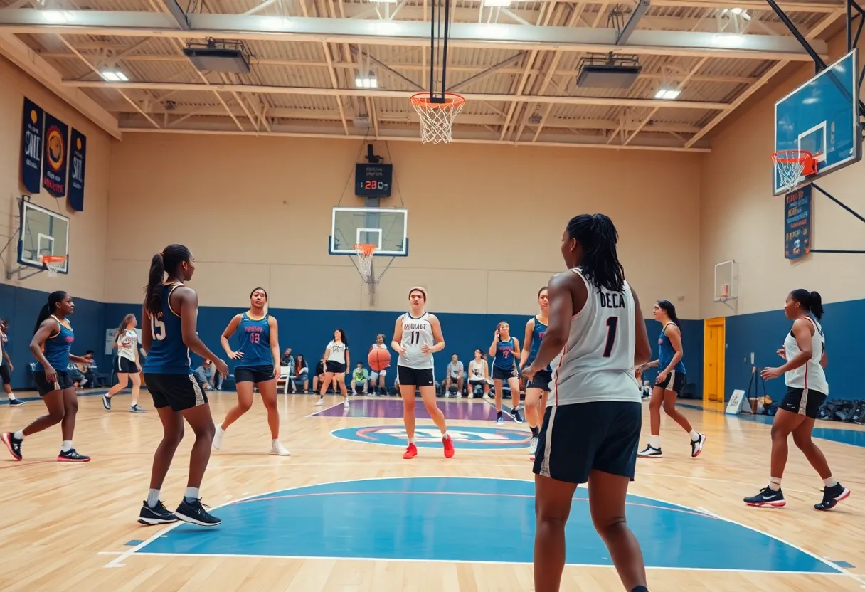 Women basketball players practicing on the court.