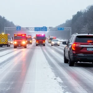 Emergency vehicles at an accident scene on a snowy highway