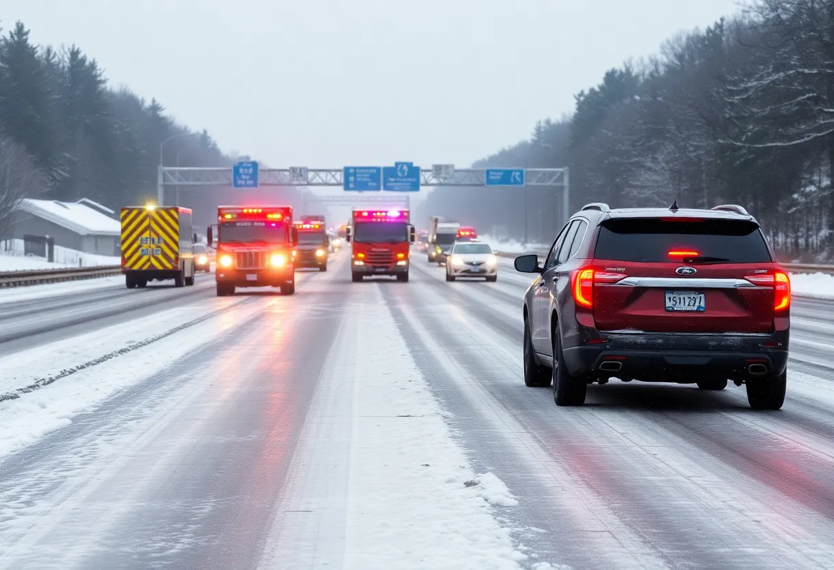 Emergency vehicles at an accident scene on a snowy highway