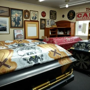 Interior of a casket shop with custom designs on display