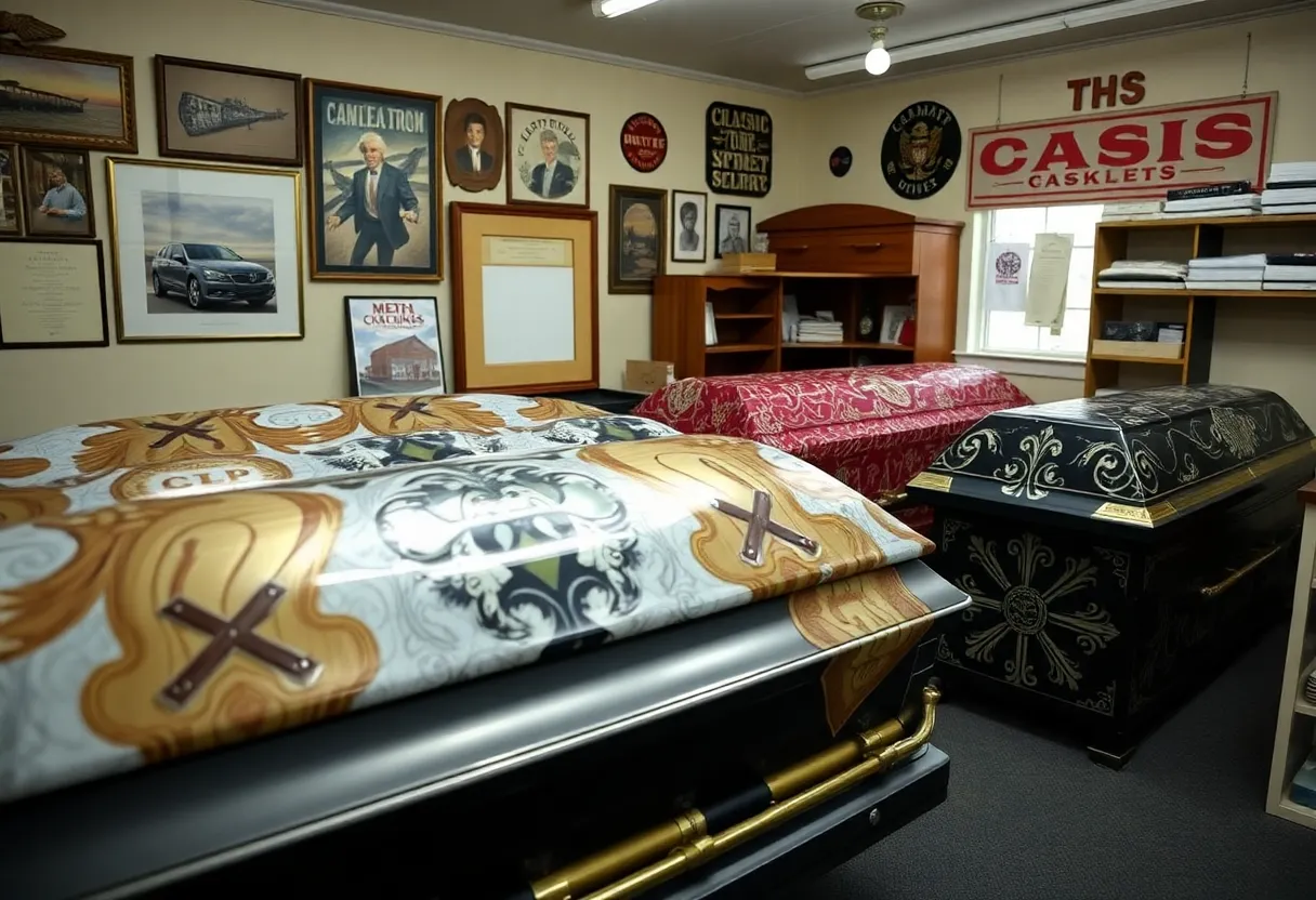 Interior of a casket shop with custom designs on display