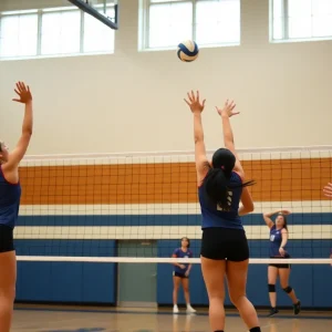 Choctaw High School volleyball players competing during a match, displaying teamwork and skill.