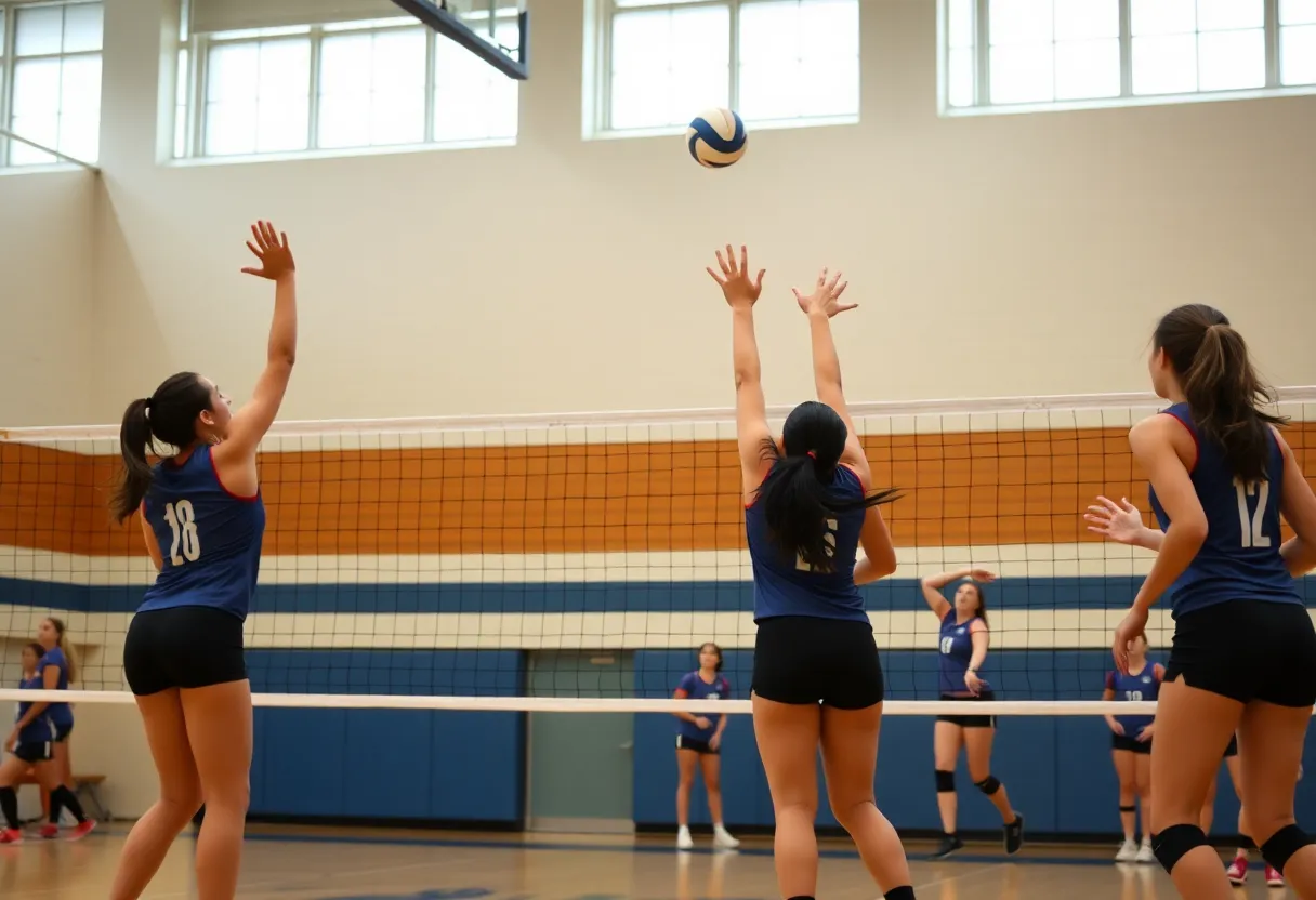 Choctaw High School volleyball players competing during a match, displaying teamwork and skill.