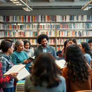 Community members participating in a discussion about banned books at the library.