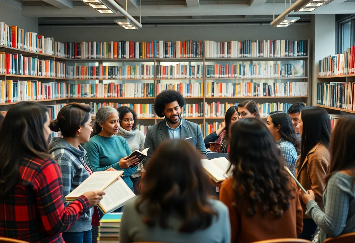 Community members participating in a discussion about banned books at the library.