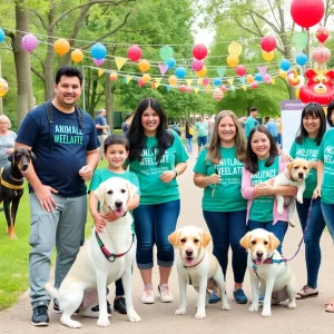 Families enjoying a community event with adoptable puppies.