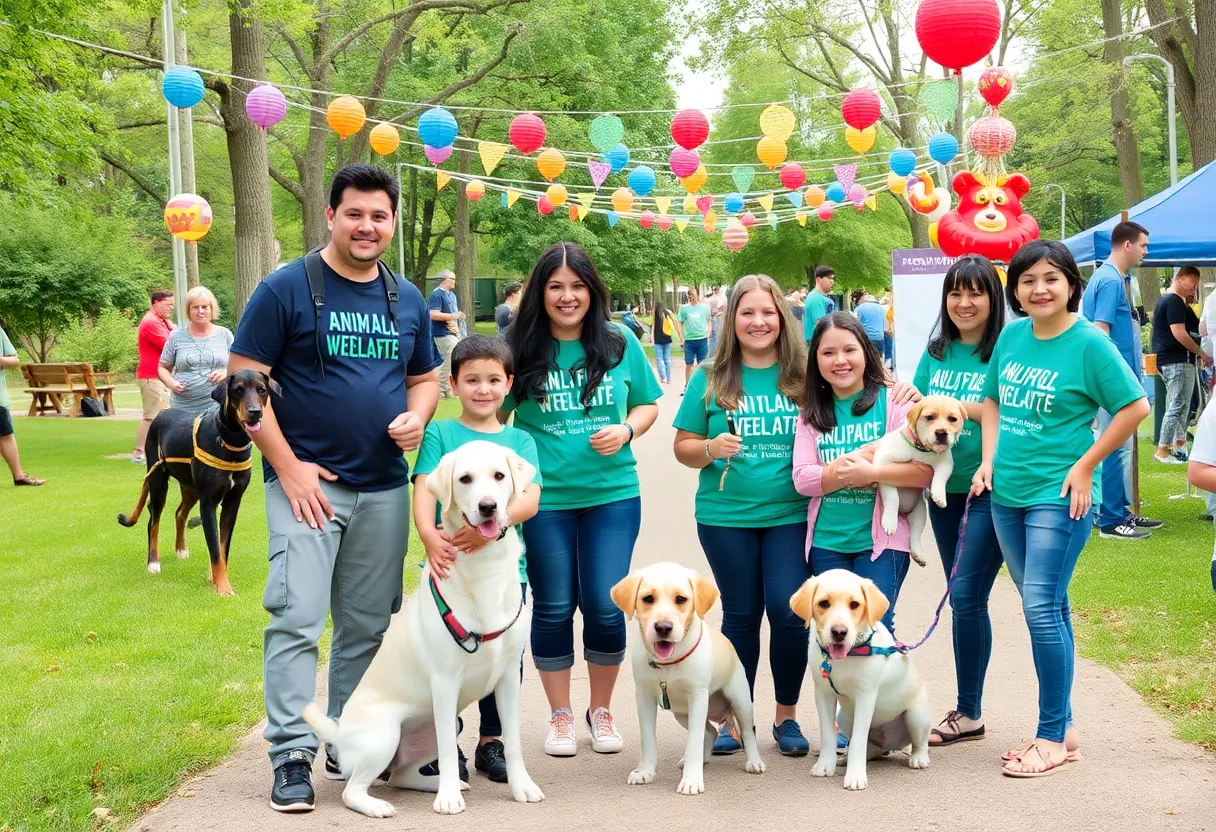 Families enjoying a community event with adoptable puppies.