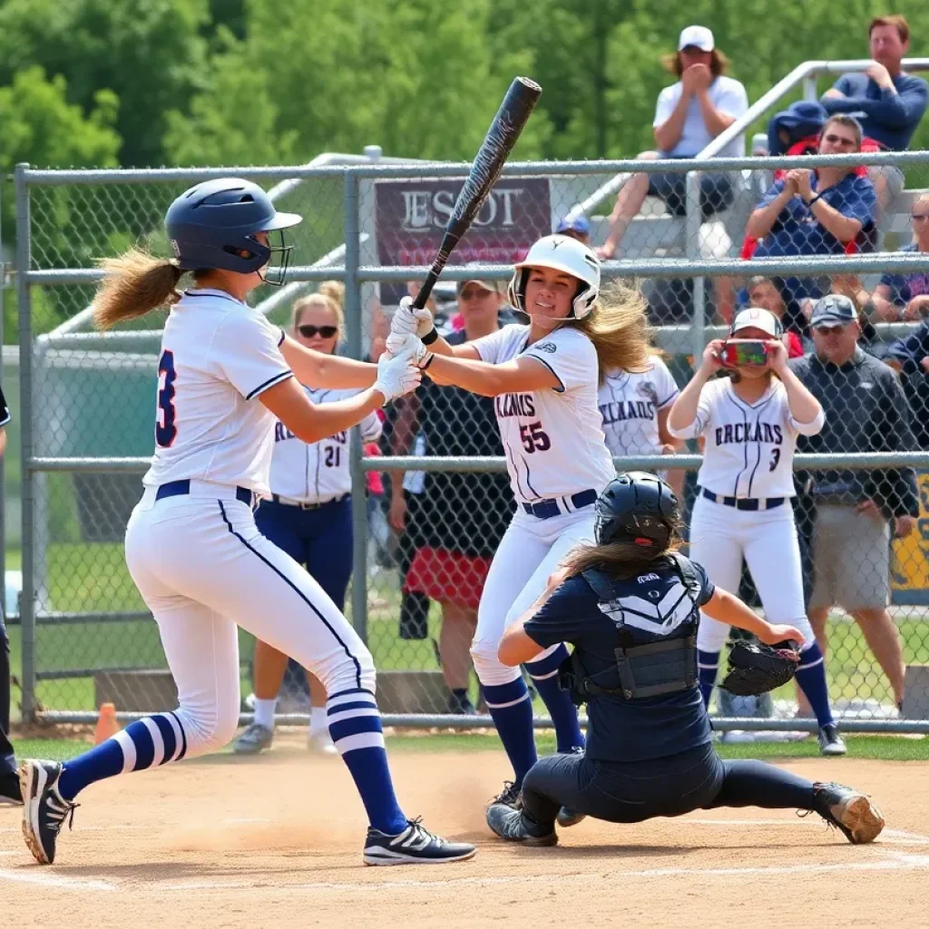 Action shot from a college softball game showing players in the field.