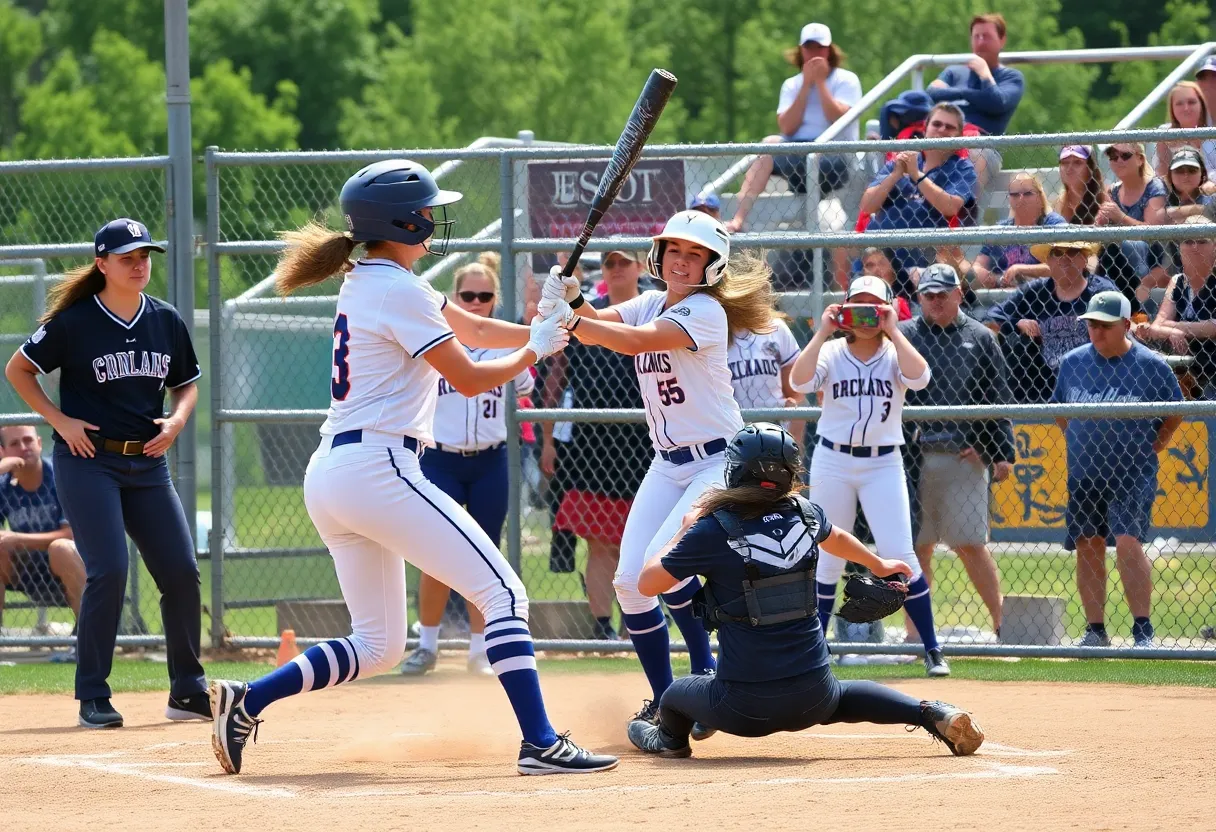 Action shot from a college softball game showing players in the field.