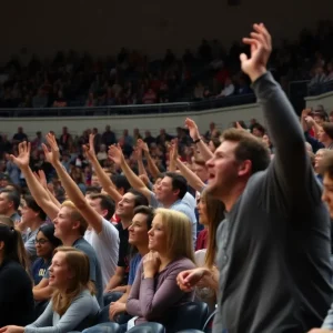 Fans reacting during a college basketball game, showing mixed emotions.