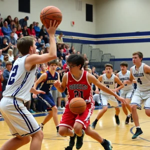 Players from Destiny Christian and Southwest Covenant during a high school basketball game.