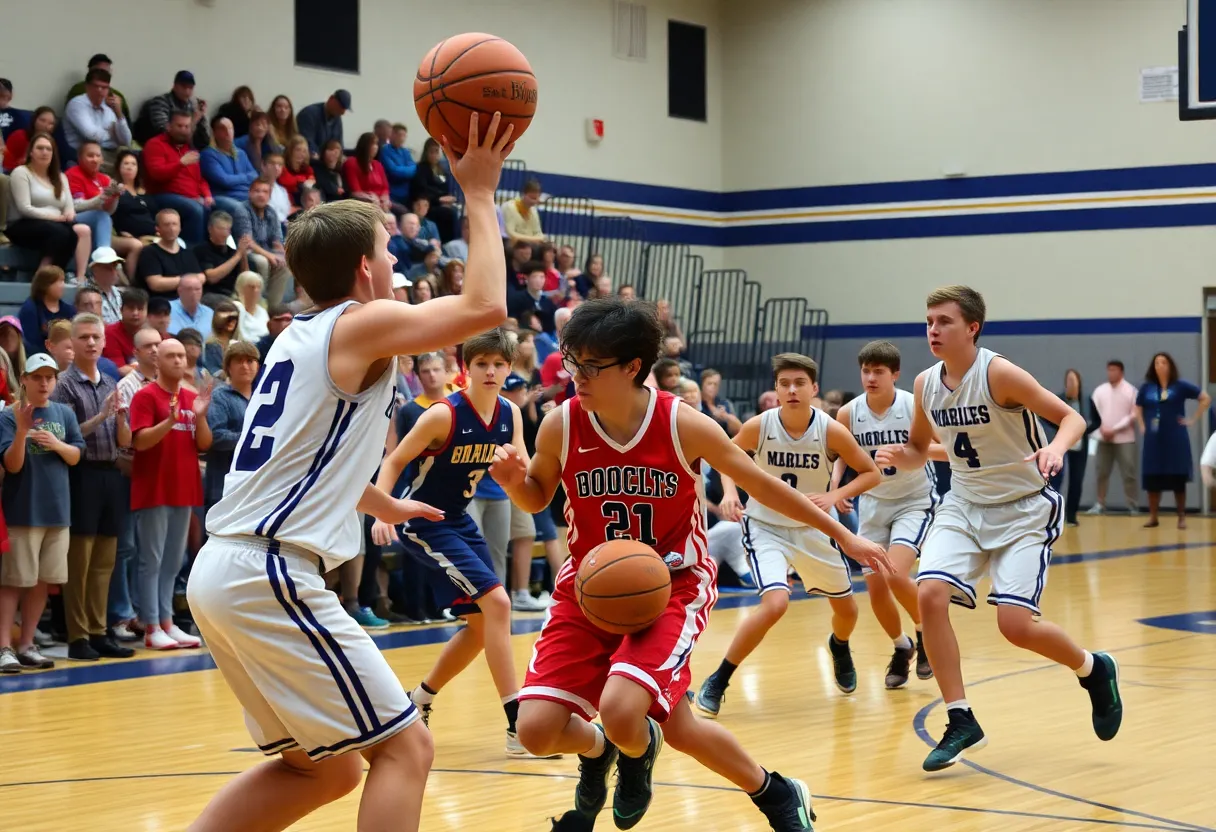 Players from Destiny Christian and Southwest Covenant during a high school basketball game.
