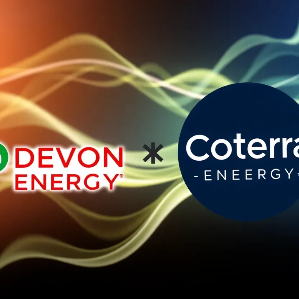 Illustration of the Devon Energy and Coterra Energy merger with energy graphics.